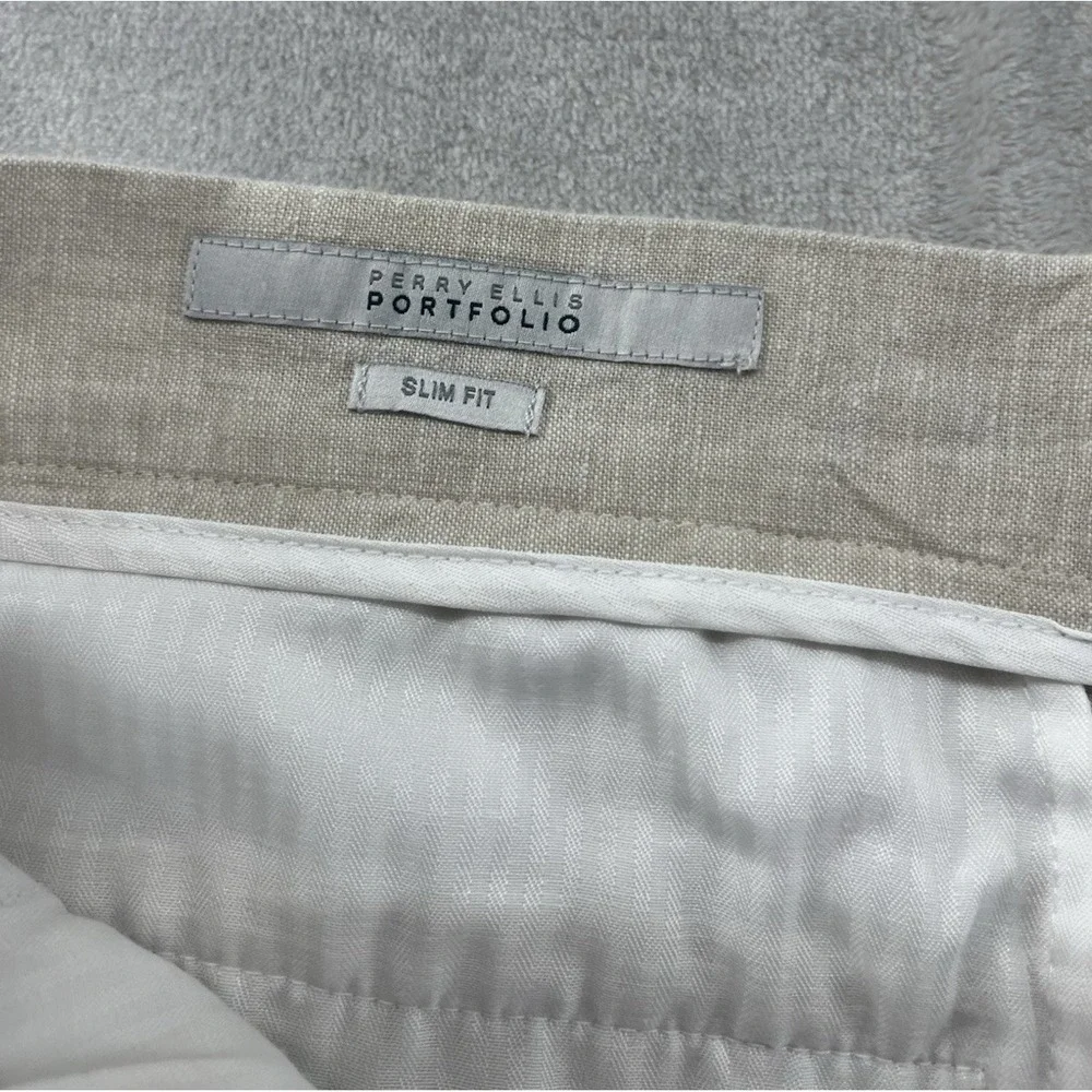 Perry Ellis Portfolio Dress Pants Men 36x32 Natural Linen Slim Fit Linen Blend